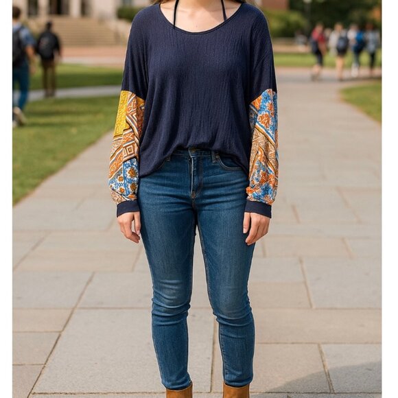 7th Ray Navy Waffle Top w/ Contrasting Pattern Sleeve and Open Twist Back Sz M-L - Picture 1 of 11